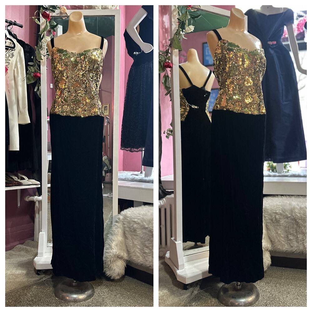 Vintage 80s 90s Black Velvet Gold Sequined Maxi Formal Evening Dress NYE 1X